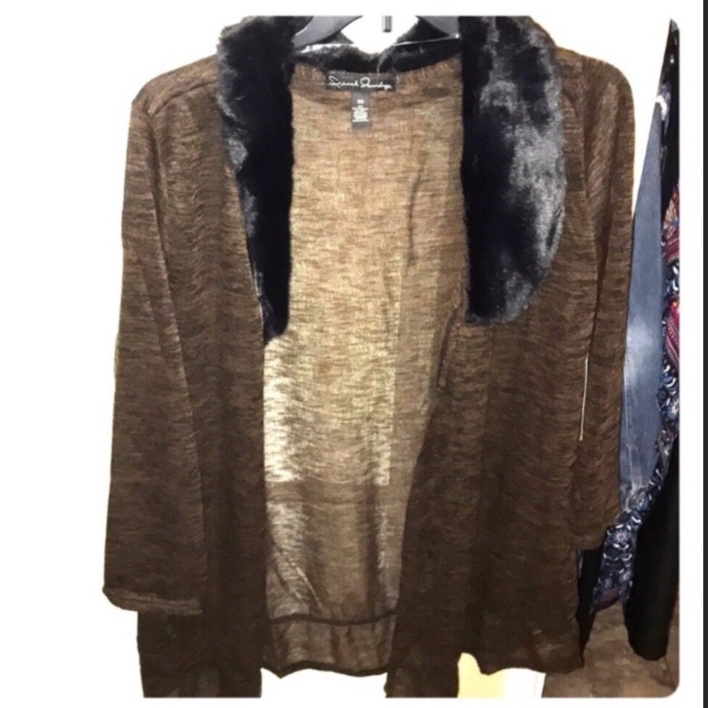 New black brown marbled faux fur trim cardigan 1x